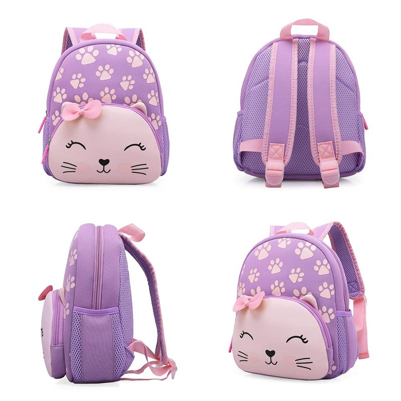 KK CRAFTS Preschool Backpack Toddler Neoprene Animal Schoolbag Lunch backpack for Kids Boys Girls(Purple Cat) - Image 3
